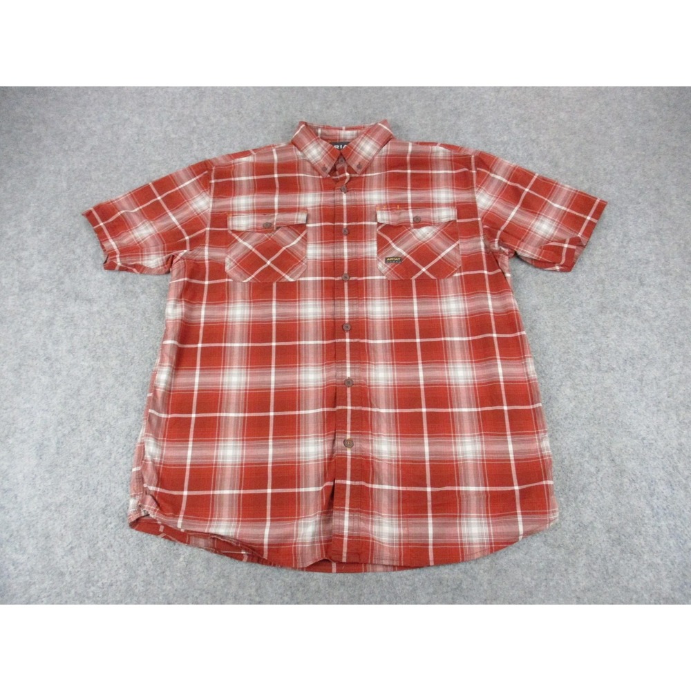 Ariat Shirt Mens Large Red Plaid Rebar Button Up Short Sleeve Pockets Work Wear